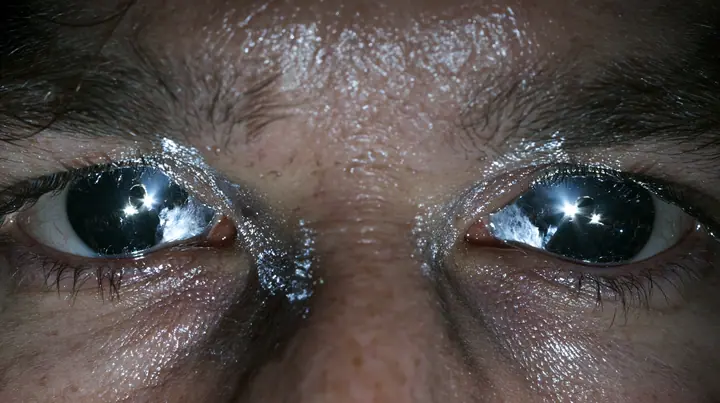 extreme close-up of a man's eyes turned to mirror chrome, reflecting a woman's silhouette, a San Francisco warehouse rave, fog, white strobe, chrome reflections, deep black, flash photography, no text, no letters, no…