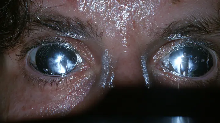 extreme close-up of a man's eyes turned to mirror chrome, reflecting a woman's silhouette, a San Francisco warehouse rave, fog, white strobe, chrome reflections, deep black, flash photography, no text, no letters, no…
