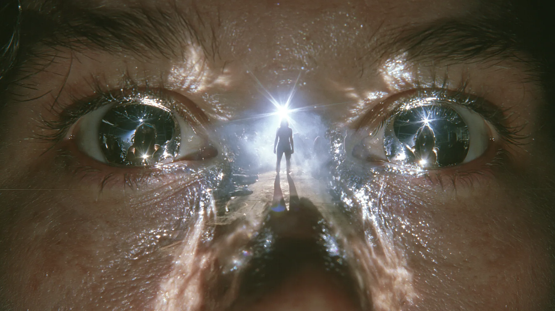 extreme close-up of a man's eyes turned to mirror chrome, reflecting a woman's silhouette, a San Francisco warehouse rave, fog, white strobe, chrome reflections, deep black, flash photography, no text, no letters, no…