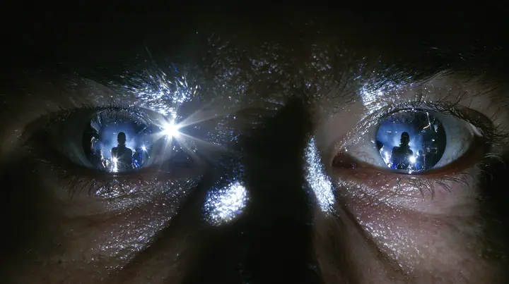 extreme close-up of a man's eyes turned to mirror chrome, reflecting a woman's silhouette, a San Francisco warehouse rave, fog, white strobe, chrome reflections, deep black, flash photography, no text, no letters, no…
