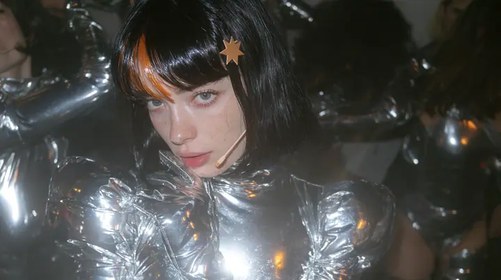 full-length shot of a Caucasian American woman in her mid-twenties with pale skin and light freckles, a glossy black blunt jaw-length bob with heavy straight bangs and one clay-orange streak through the bangs, a…