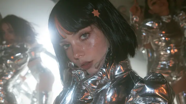 full-length shot of a Caucasian American woman in her mid-twenties with pale skin and light freckles, a glossy black blunt jaw-length bob with heavy straight bangs and one clay-orange streak through the bangs, a…