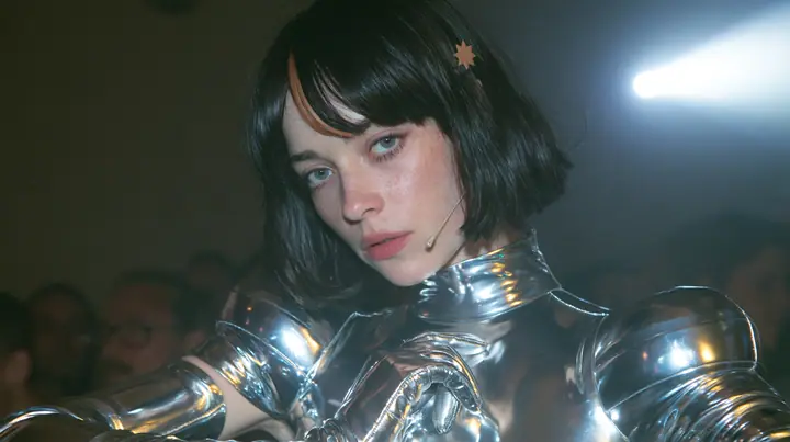 full-length shot of a Caucasian American woman in her mid-twenties with pale skin and light freckles, a glossy black blunt jaw-length bob with heavy straight bangs and one clay-orange streak through the bangs, a…