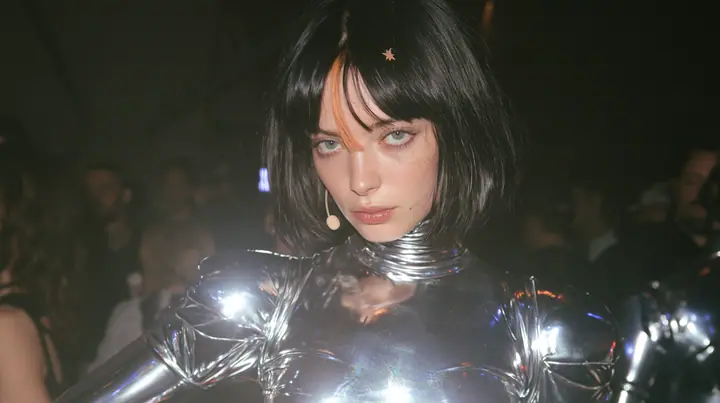 full-length shot of a Caucasian American woman in her mid-twenties with pale skin and light freckles, a glossy black blunt jaw-length bob with heavy straight bangs and one clay-orange streak through the bangs, a…