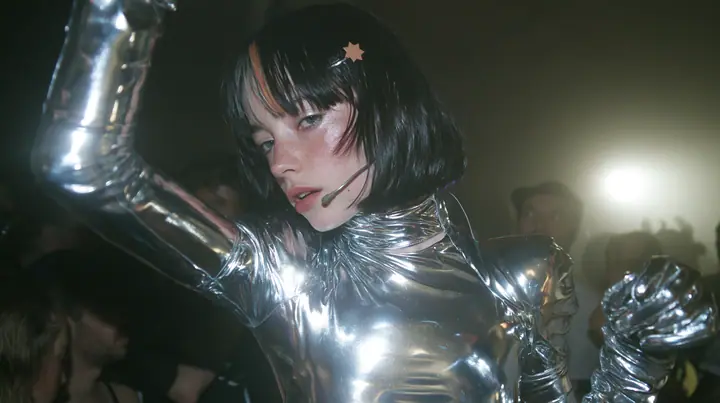 full-length shot of a Caucasian American woman in her mid-twenties with pale skin and light freckles, a glossy black blunt jaw-length bob with heavy straight bangs and one clay-orange streak through the bangs, a…