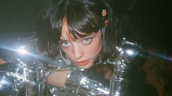 full-length shot of a Caucasian American woman in her mid-twenties with pale skin and light freckles, a glossy black blunt jaw-length bob with heavy straight bangs and one clay-orange streak through the bangs, a…