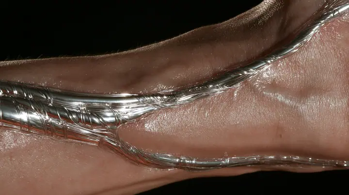 macro of a man's forearm with threads of liquid chrome showing through the veins under the skin, macro product photograph, hard rim light, razor-thin focus, no text, no letters, no logos