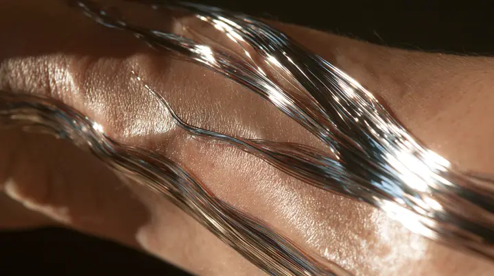 macro of a man's forearm with threads of liquid chrome showing through the veins under the skin, macro product photograph, hard rim light, razor-thin focus, no text, no letters, no logos