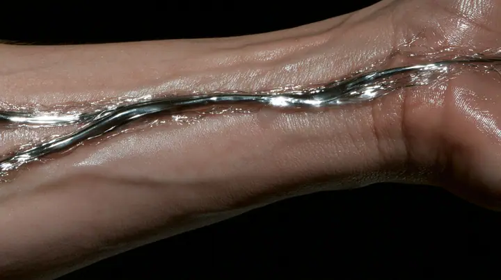 macro of a man's forearm with threads of liquid chrome showing through the veins under the skin, macro product photograph, hard rim light, razor-thin focus, no text, no letters, no logos