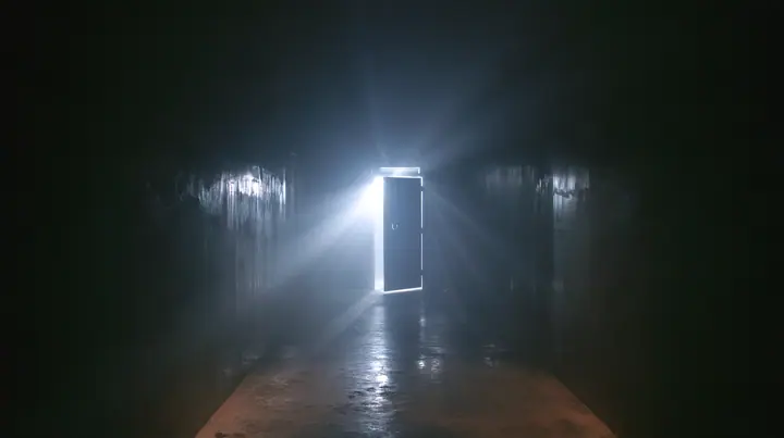 a bathroom door swinging shut at the end of a dark warehouse corridor, strobe spill on the walls, a San Francisco warehouse rave, fog, white strobe, chrome reflections, deep black, flash photography, no text, no…