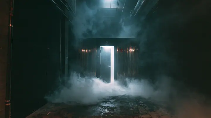 a bathroom door swinging shut at the end of a dark warehouse corridor, strobe spill on the walls, a San Francisco warehouse rave, fog, white strobe, chrome reflections, deep black, flash photography, no text, no…