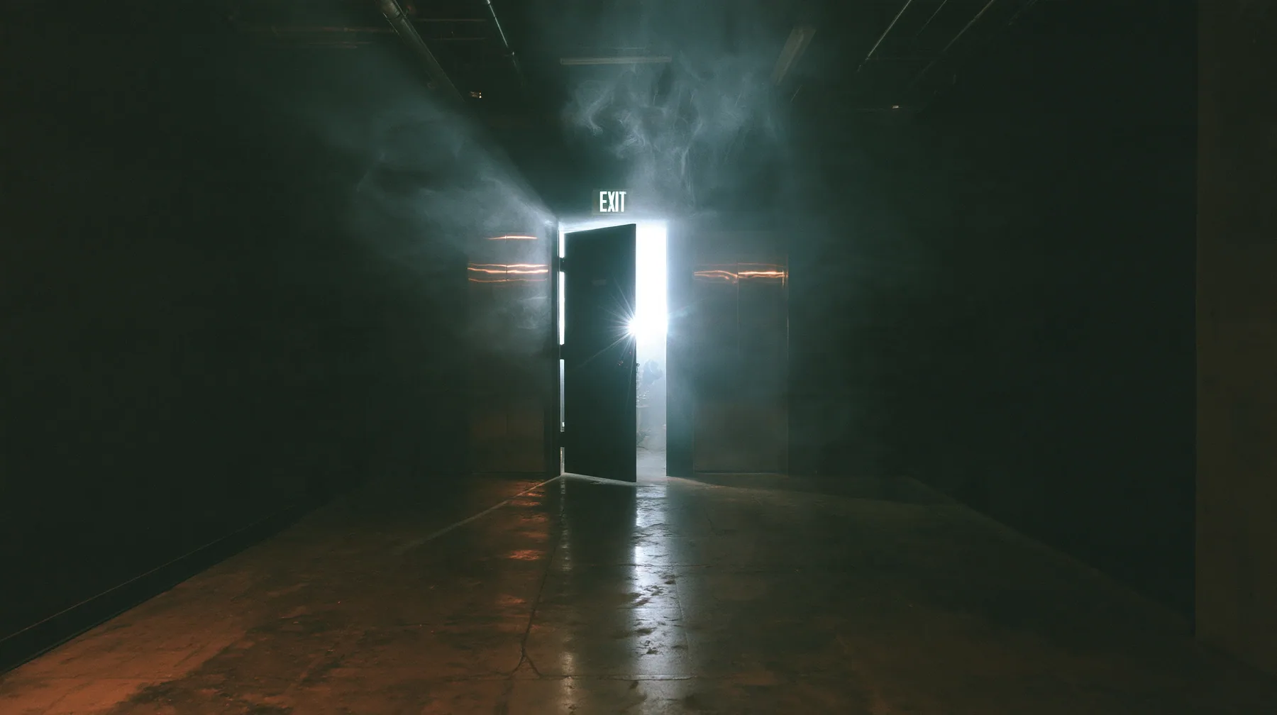 a bathroom door swinging shut at the end of a dark warehouse corridor, strobe spill on the walls, a San Francisco warehouse rave, fog, white strobe, chrome reflections, deep black, flash photography, no text, no…