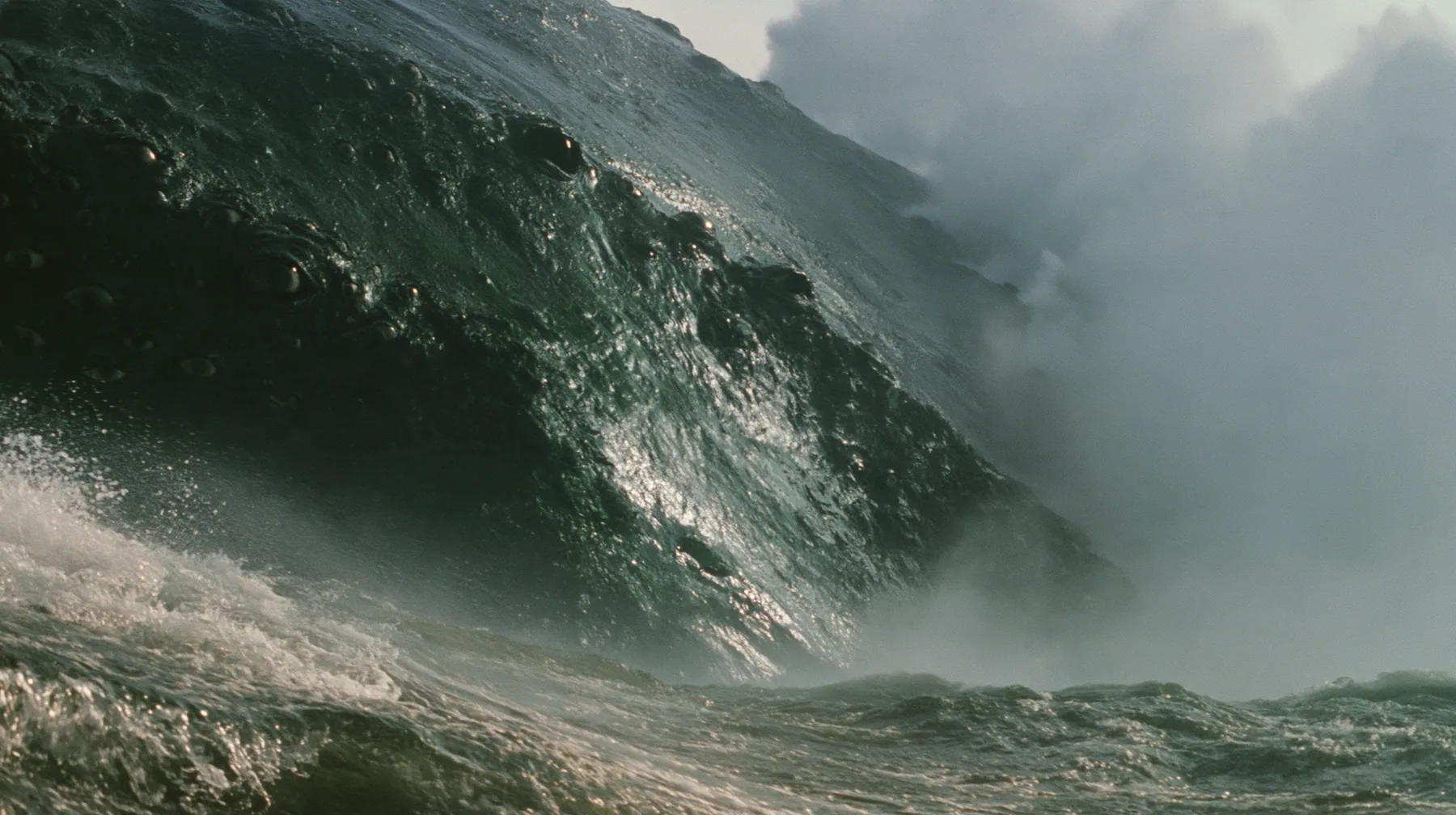 close shot of the glistening black-green flank of a colossal sea creature covered in eyes, a few of them opening, grey first light before sunrise, heavy spray, cinematic 35mm film still, anamorphic, fine grain, no…