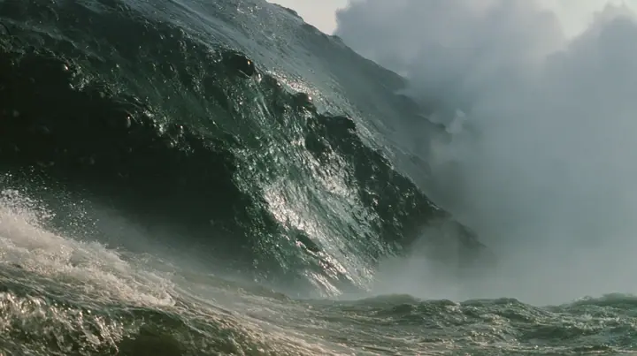 close shot of the glistening black-green flank of a colossal sea creature covered in eyes, a few of them opening, grey first light before sunrise, heavy spray, cinematic 35mm film still, anamorphic, fine grain, no…