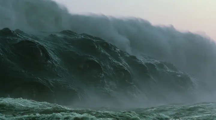 close shot of the glistening black-green flank of a colossal sea creature covered in eyes, a few of them opening, grey first light before sunrise, heavy spray, cinematic 35mm film still, anamorphic, fine grain, no…