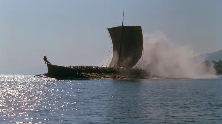 wide low shot of a long black ancient Greek galley with a single mast, a square sail and two banks of oars racing across a sparkling morning sea, oars driving in unison, spray flying, a man tied to the mast, clear…