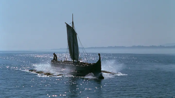 wide low shot of a long black ancient Greek galley with a single mast, a square sail and two banks of oars racing across a sparkling morning sea, oars driving in unison, spray flying, a man tied to the mast, clear…