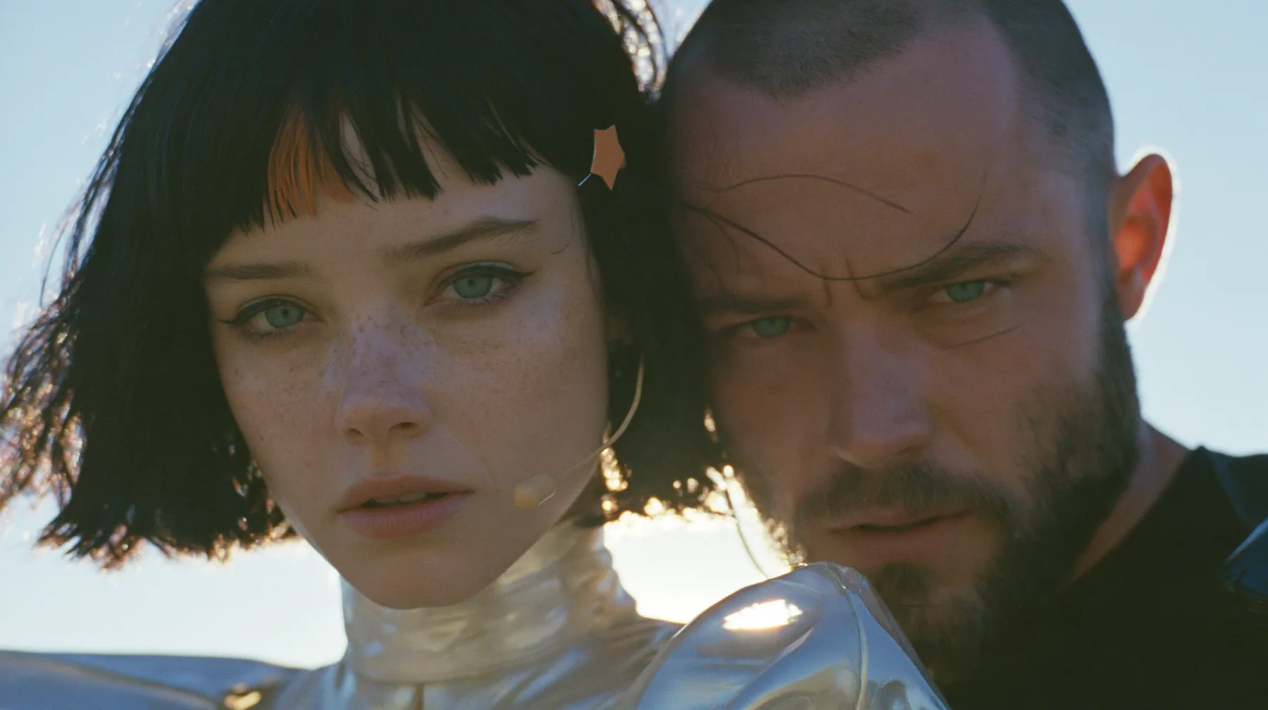 extreme close-up of a Caucasian American woman in her mid-twenties with pale skin and light freckles, a glossy black blunt jaw-length bob with heavy straight bangs and one clay-orange streak through the bangs, a…