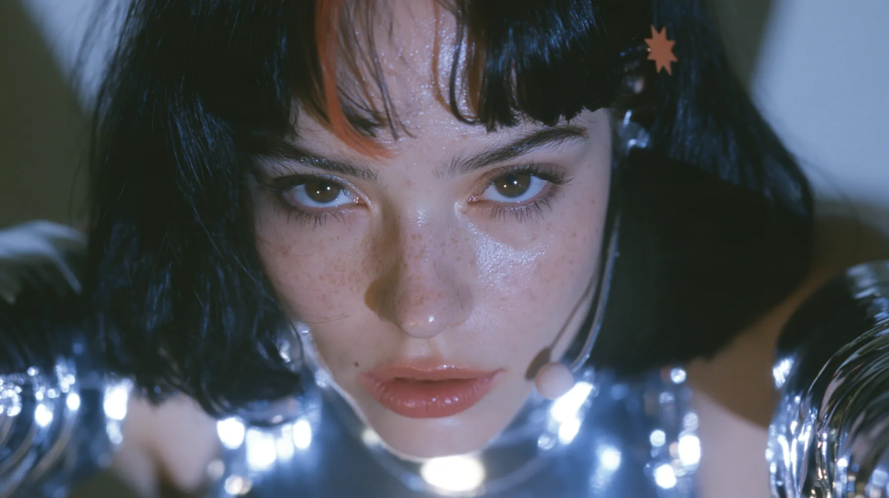 a Caucasian American woman in her mid-twenties with pale skin and light freckles, a glossy black blunt jaw-length bob with heavy straight bangs and one clay-orange streak through the bangs, a small flat clay-orange…