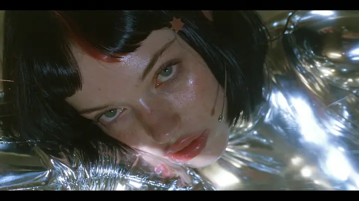 a Caucasian American woman in her mid-twenties with pale skin and light freckles, a glossy black blunt jaw-length bob with heavy straight bangs and one clay-orange streak through the bangs, a small flat clay-orange…