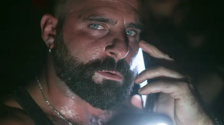 extreme close-up of a phone pressed to the ear of a broad-shouldered Caucasian man in his early thirties with a shaved head, a thick short dark beard, a square jaw, heavy brows and pale blue eyes, the build of a man…