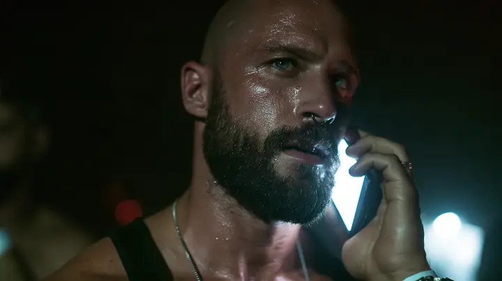 extreme close-up of a phone pressed to the ear of a broad-shouldered Caucasian man in his early thirties with a shaved head, a thick short dark beard, a square jaw, heavy brows and pale blue eyes, the build of a man…