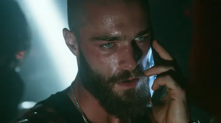 extreme close-up of a phone pressed to the ear of a broad-shouldered Caucasian man in his early thirties with a shaved head, a thick short dark beard, a square jaw, heavy brows and pale blue eyes, the build of a man…