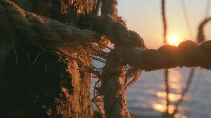 macro of hemp rope fibres fraying under strain around a wooden mast, sunrise, warm gold light and long shadows, spray lit gold, cinematic 35mm film still, anamorphic, fine grain, no text, no letters, no logos