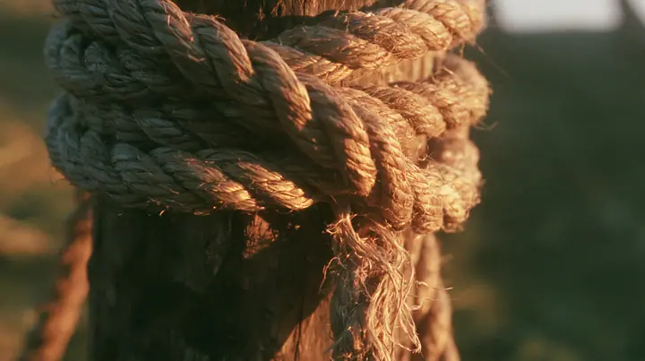 macro of hemp rope fibres fraying under strain around a wooden mast, sunrise, warm gold light and long shadows, spray lit gold, cinematic 35mm film still, anamorphic, fine grain, no text, no letters, no logos