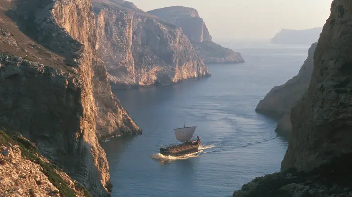 aerial of a long black ancient Greek galley with a single mast, a square sail and two banks of oars leaving a narrow strait of cliffs for the open sea, sunrise, warm gold light and long shadows, spray lit gold,…