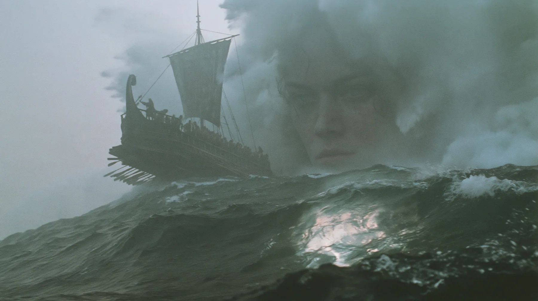 wide shot of a long black ancient Greek galley with a single mast, a square sail and two banks of oars lifted high on a rising mountain of water, and through the translucent face of the swell a colossal pale woman's…