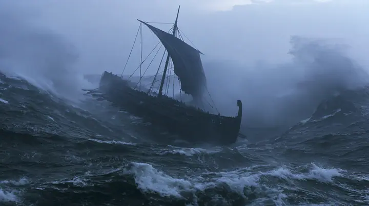 wide shot of a long black ancient Greek galley with a single mast, a square sail and two banks of oars dropping into an enormous trough as the sea falls away around it, walls of dark water on both sides, grey first…