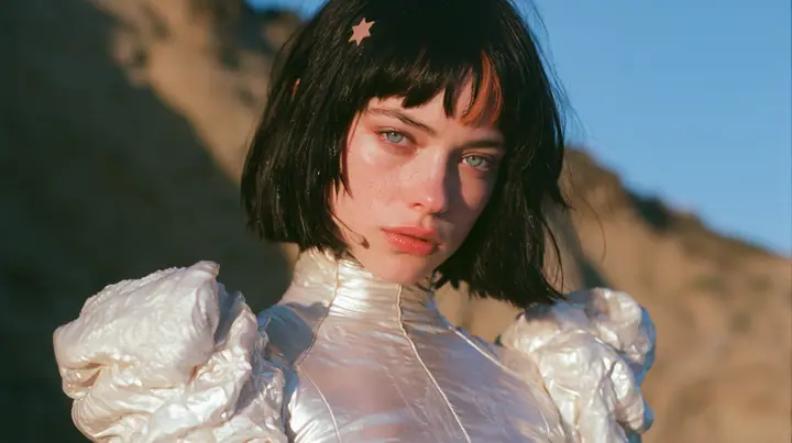 medium shot of a Caucasian American woman in her mid-twenties with pale skin and light freckles, a glossy black blunt jaw-length bob with heavy straight bangs and one clay-orange streak through the bangs, a small…