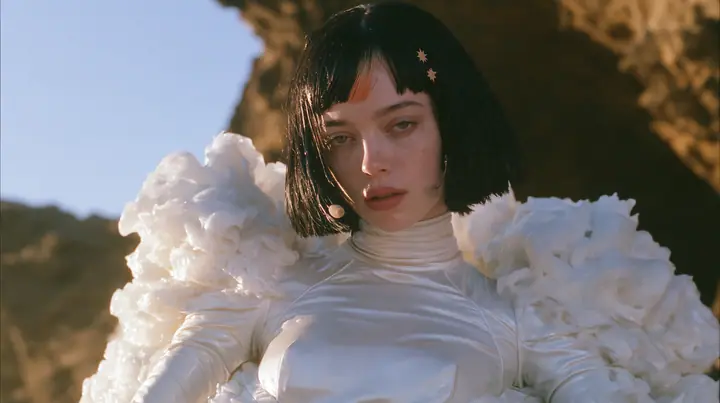 medium shot of a Caucasian American woman in her mid-twenties with pale skin and light freckles, a glossy black blunt jaw-length bob with heavy straight bangs and one clay-orange streak through the bangs, a small…
