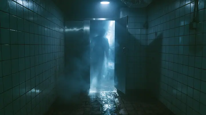 a closed bathroom stall door in a grimy tiled bathroom under one bare bulb, light spilling from the gap under the door, a man's shadow moving behind it, cinematic, a San Francisco warehouse rave, fog, white strobe,…
