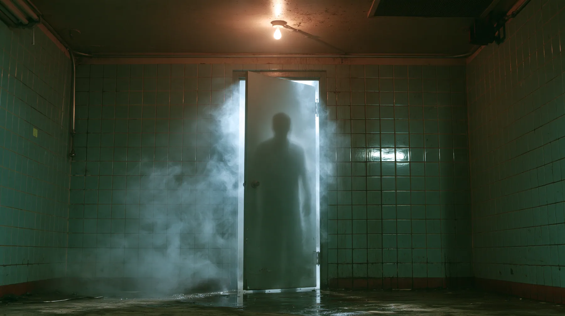 a closed bathroom stall door in a grimy tiled bathroom under one bare bulb, light spilling from the gap under the door, a man's shadow moving behind it, cinematic, a San Francisco warehouse rave, fog, white strobe,…