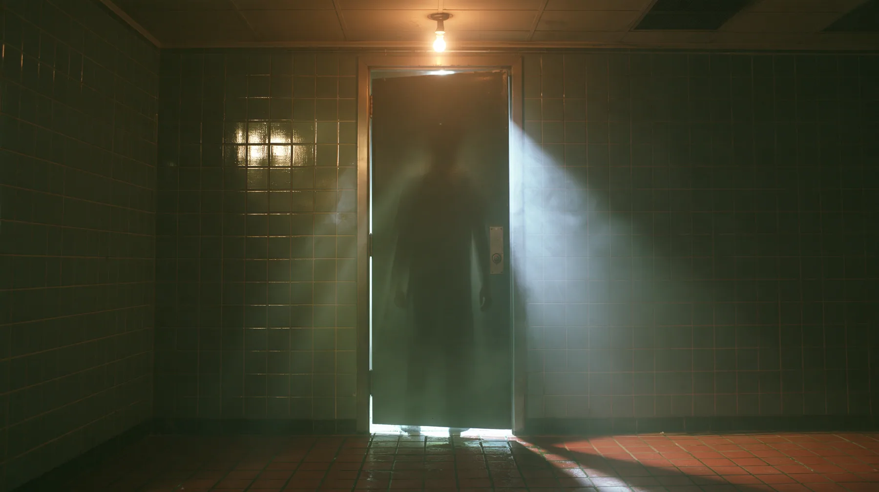 a closed bathroom stall door in a grimy tiled bathroom under one bare bulb, light spilling from the gap under the door, a man's shadow moving behind it, cinematic, a San Francisco warehouse rave, fog, white strobe,…