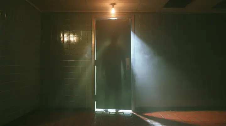 a closed bathroom stall door in a grimy tiled bathroom under one bare bulb, light spilling from the gap under the door, a man's shadow moving behind it, cinematic, a San Francisco warehouse rave, fog, white strobe,…