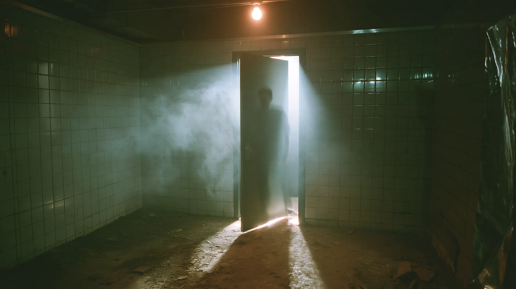 a closed bathroom stall door in a grimy tiled bathroom under one bare bulb, light spilling from the gap under the door, a man's shadow moving behind it, cinematic, a San Francisco warehouse rave, fog, white strobe,…