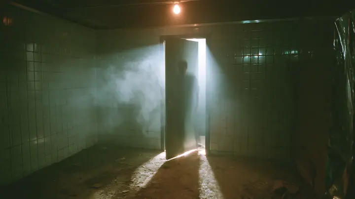 a closed bathroom stall door in a grimy tiled bathroom under one bare bulb, light spilling from the gap under the door, a man's shadow moving behind it, cinematic, a San Francisco warehouse rave, fog, white strobe,…