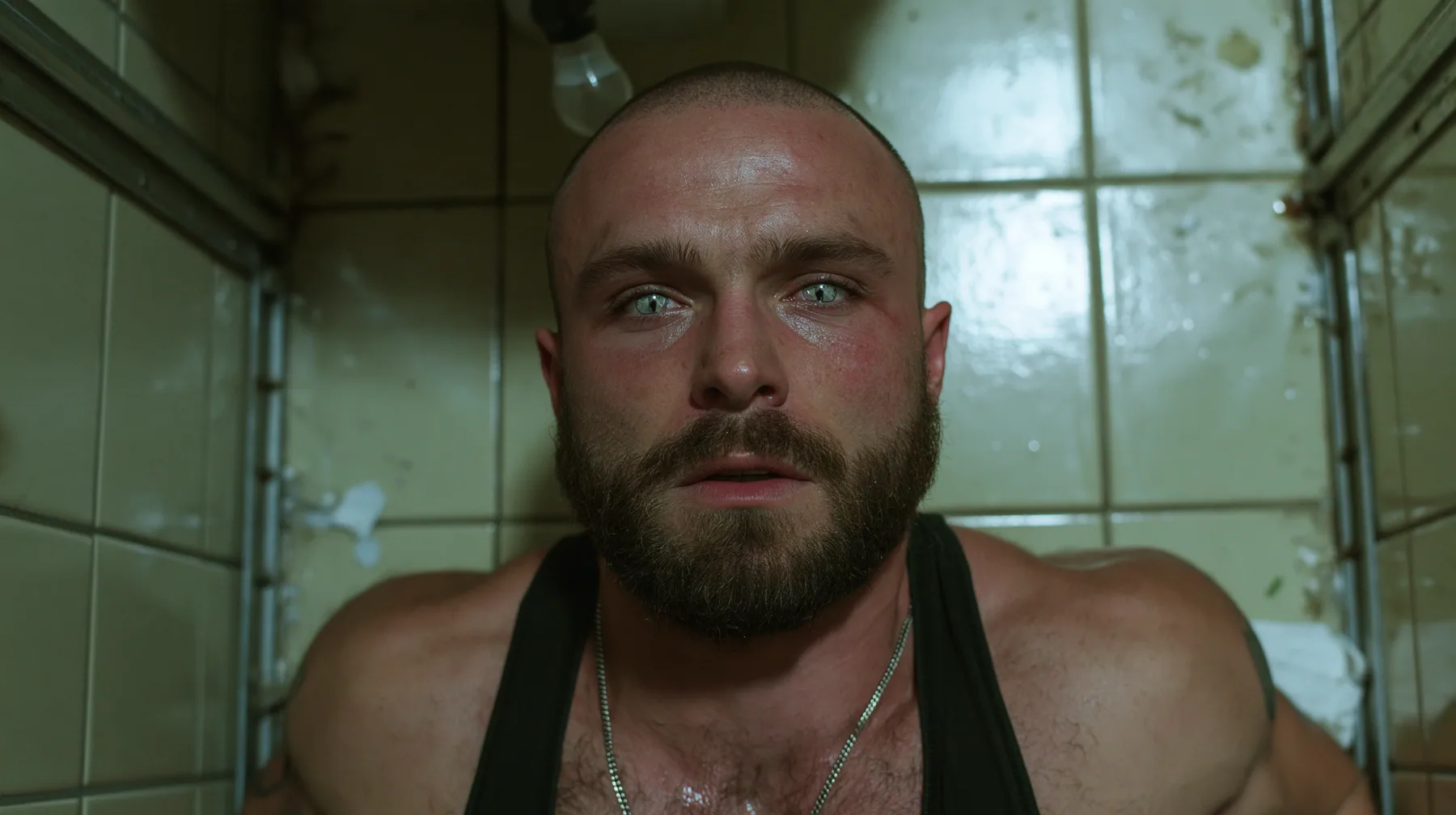 straight-down shot of a broad-shouldered Caucasian man in his early thirties with a shaved head, a thick short dark beard, a square jaw, heavy brows and pale blue eyes, the build of a man who lifts, in a black tank…