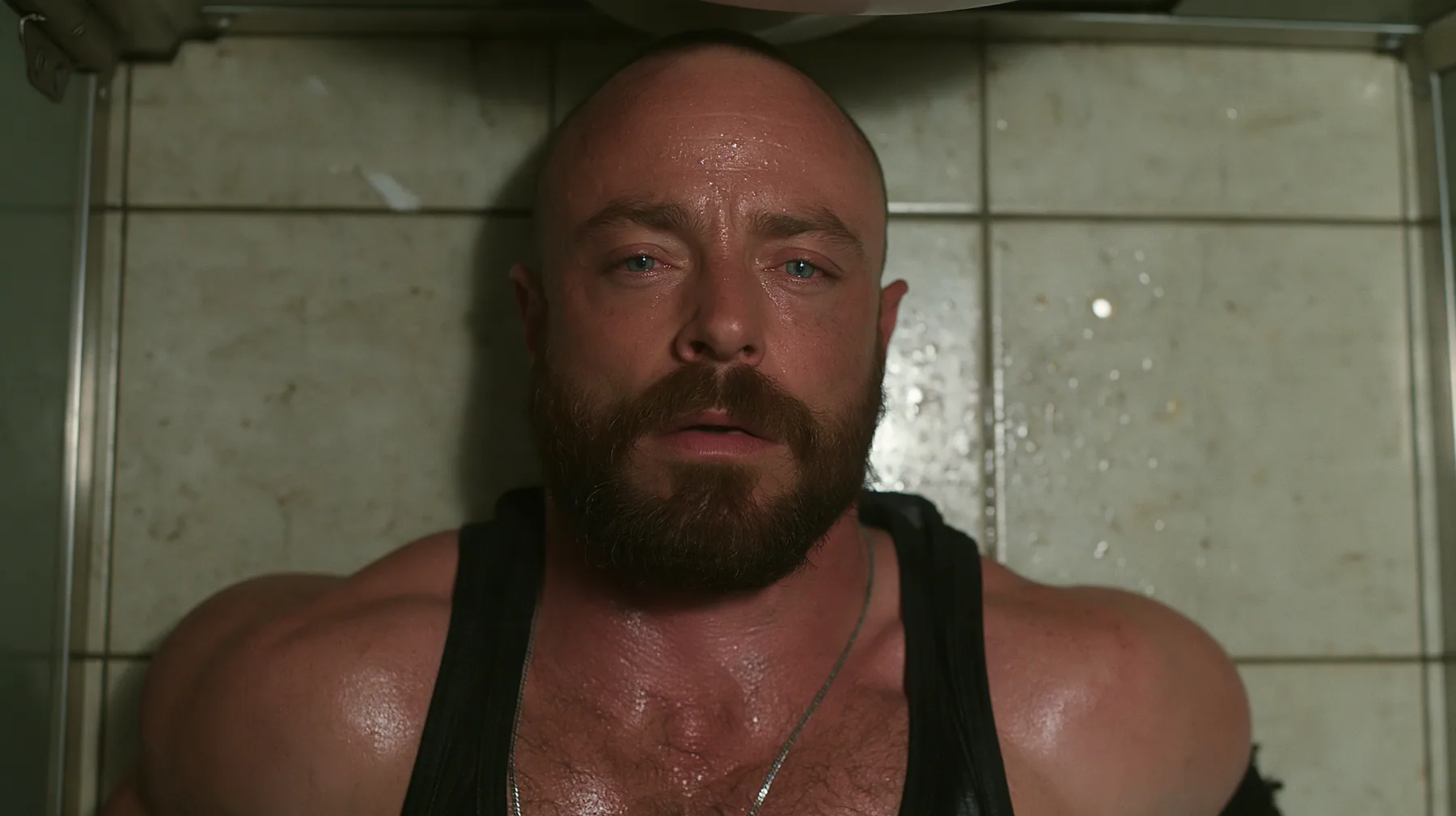 straight-down shot of a broad-shouldered Caucasian man in his early thirties with a shaved head, a thick short dark beard, a square jaw, heavy brows and pale blue eyes, the build of a man who lifts, in a black tank…