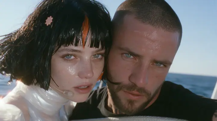 close-up of a Caucasian American woman in her mid-twenties with pale skin and light freckles, a glossy black blunt jaw-length bob with heavy straight bangs and one clay-orange streak through the bangs, a small flat…