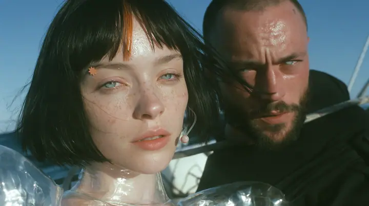 close-up of a Caucasian American woman in her mid-twenties with pale skin and light freckles, a glossy black blunt jaw-length bob with heavy straight bangs and one clay-orange streak through the bangs, a small flat…