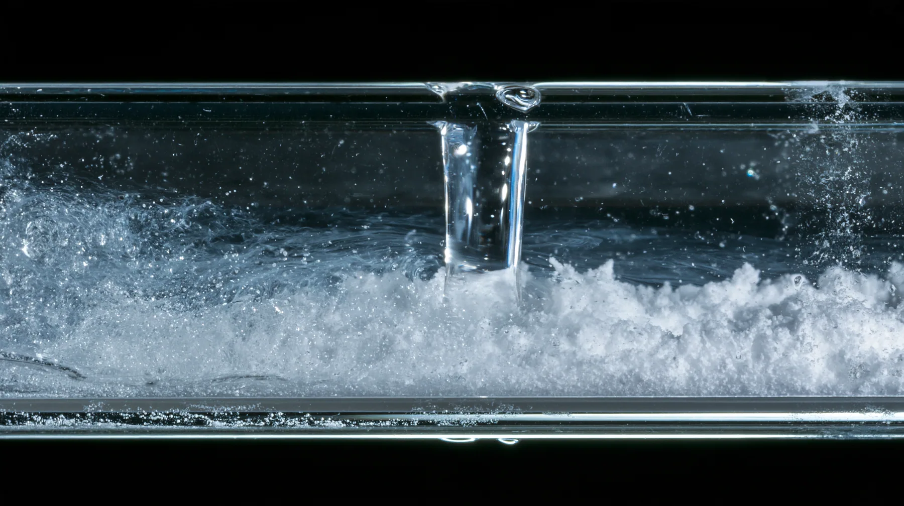 macro of water running down the inside of a small glass vial onto white powder, swirling, macro product photograph, hard rim light, razor-thin focus, no text, no letters, no logos