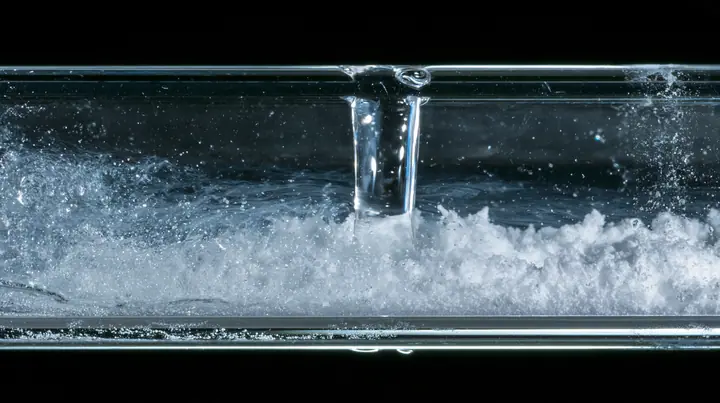 macro of water running down the inside of a small glass vial onto white powder, swirling, macro product photograph, hard rim light, razor-thin focus, no text, no letters, no logos