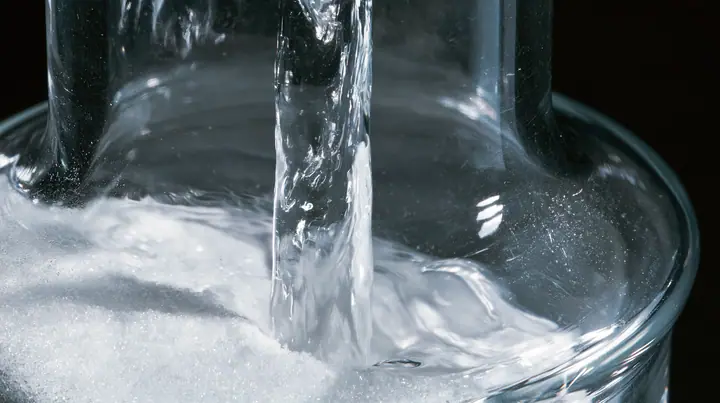 macro of water running down the inside of a small glass vial onto white powder, swirling, macro product photograph, hard rim light, razor-thin focus, no text, no letters, no logos