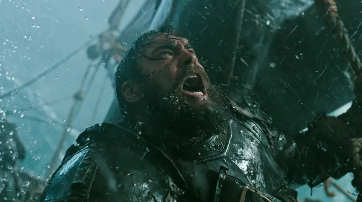a bearded man in battered leather armour lashed to the mast of a black ship in a storm, screaming at the sky, large-format film still, practical storm, rain and spray, teal and black, no text, no letters, no logos