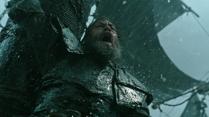 a bearded man in battered leather armour lashed to the mast of a black ship in a storm, screaming at the sky, large-format film still, practical storm, rain and spray, teal and black, no text, no letters, no logos