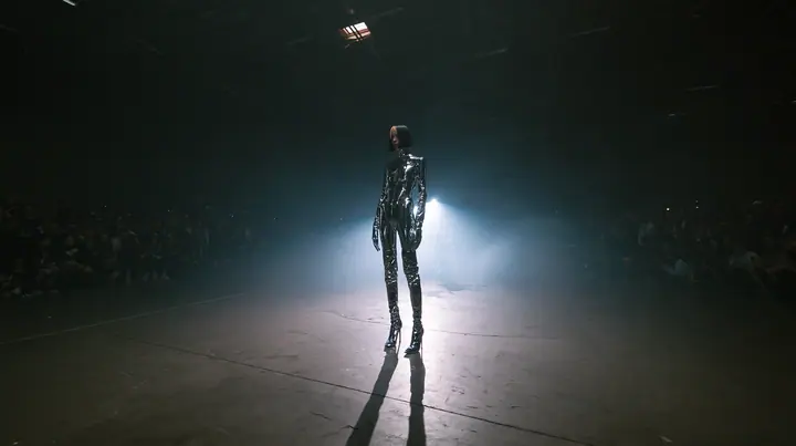 extreme wide shot of a vast dark warehouse rave, and alone in the middle of the empty concrete floor a young Caucasian American woman with pale skin, a glossy black blunt jaw-length bob with heavy straight bangs and…